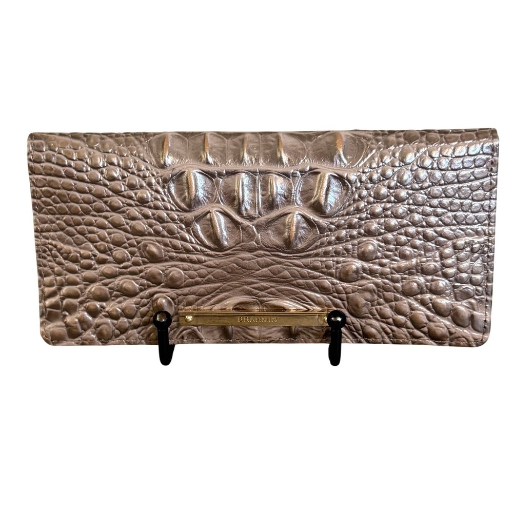 Brahmin Ady Slim Wallet Metallic Croc Embossed Leather Champagne Bronze New